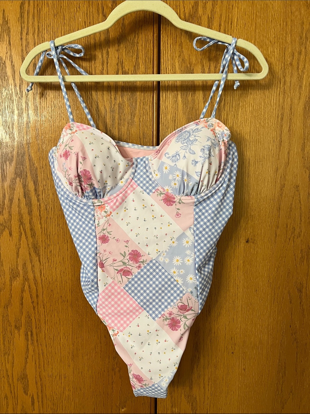 Women's Pink & Blue Patchwork One-Piece Swimsuit
